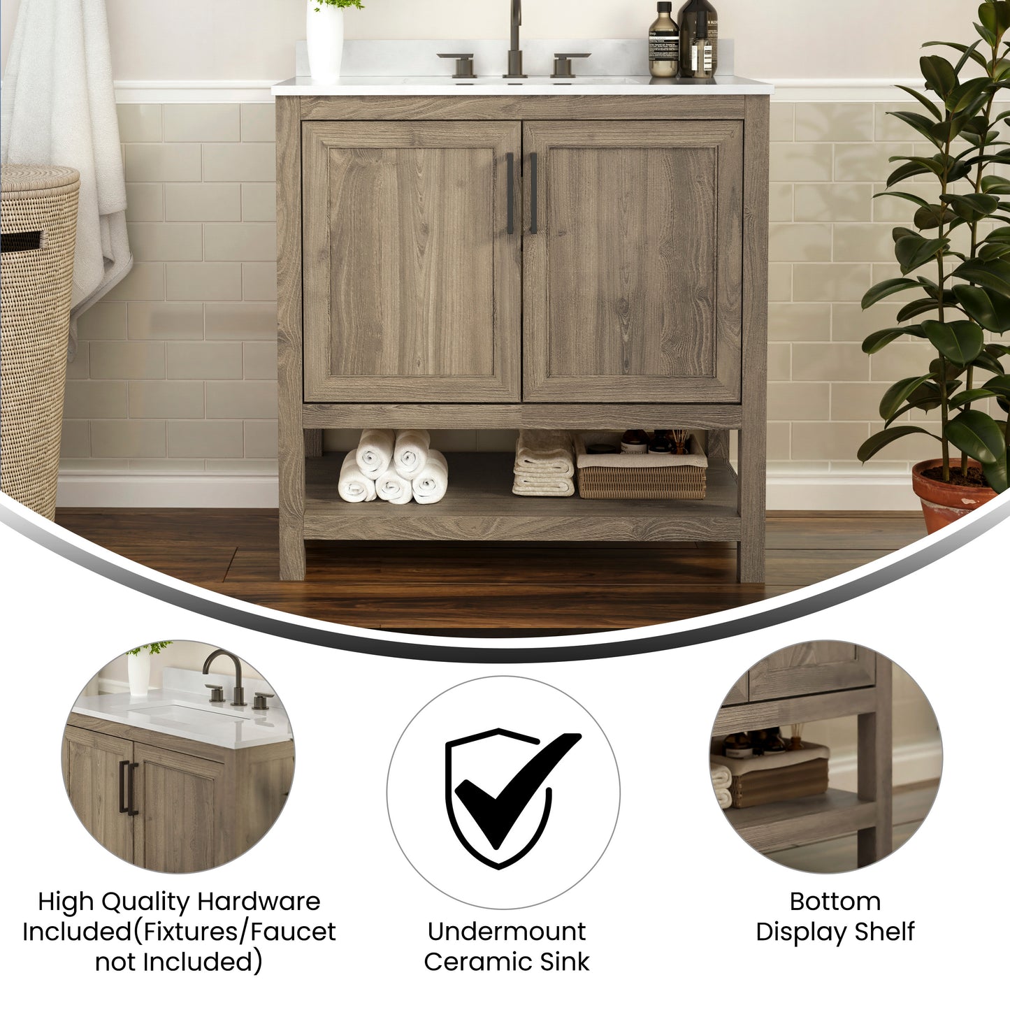 Vega 36 Inch Bathroom Vanity with Sink Combo, Storage Cabinet with Soft Close Doors and Open Shelf, Carrara Marble Finish Countertop, Brown/White Brown