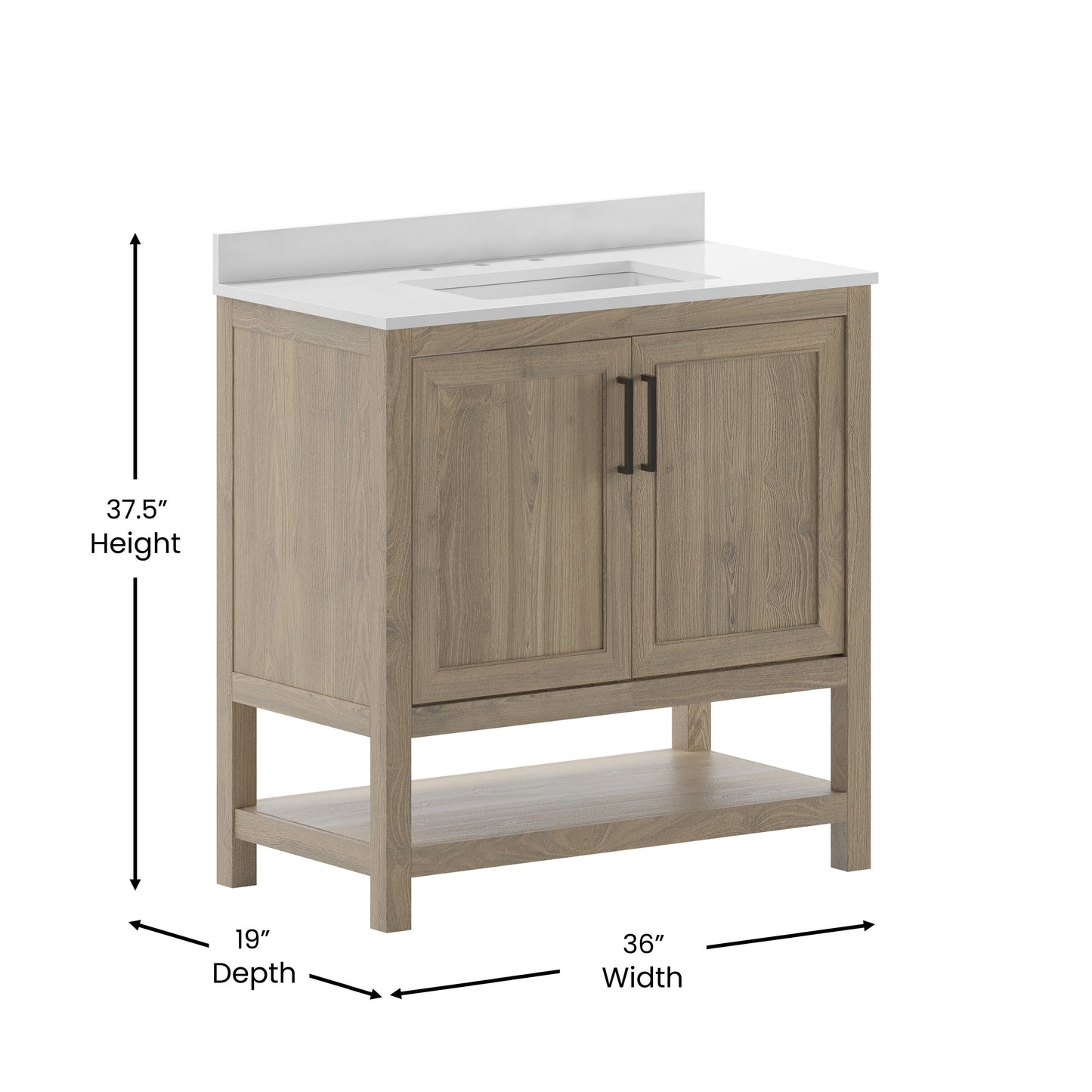 Vega 36 Inch Bathroom Vanity with Sink Combo, Storage Cabinet with Soft Close Doors and Open Shelf, Carrara Marble Finish Countertop, Brown/White Brown