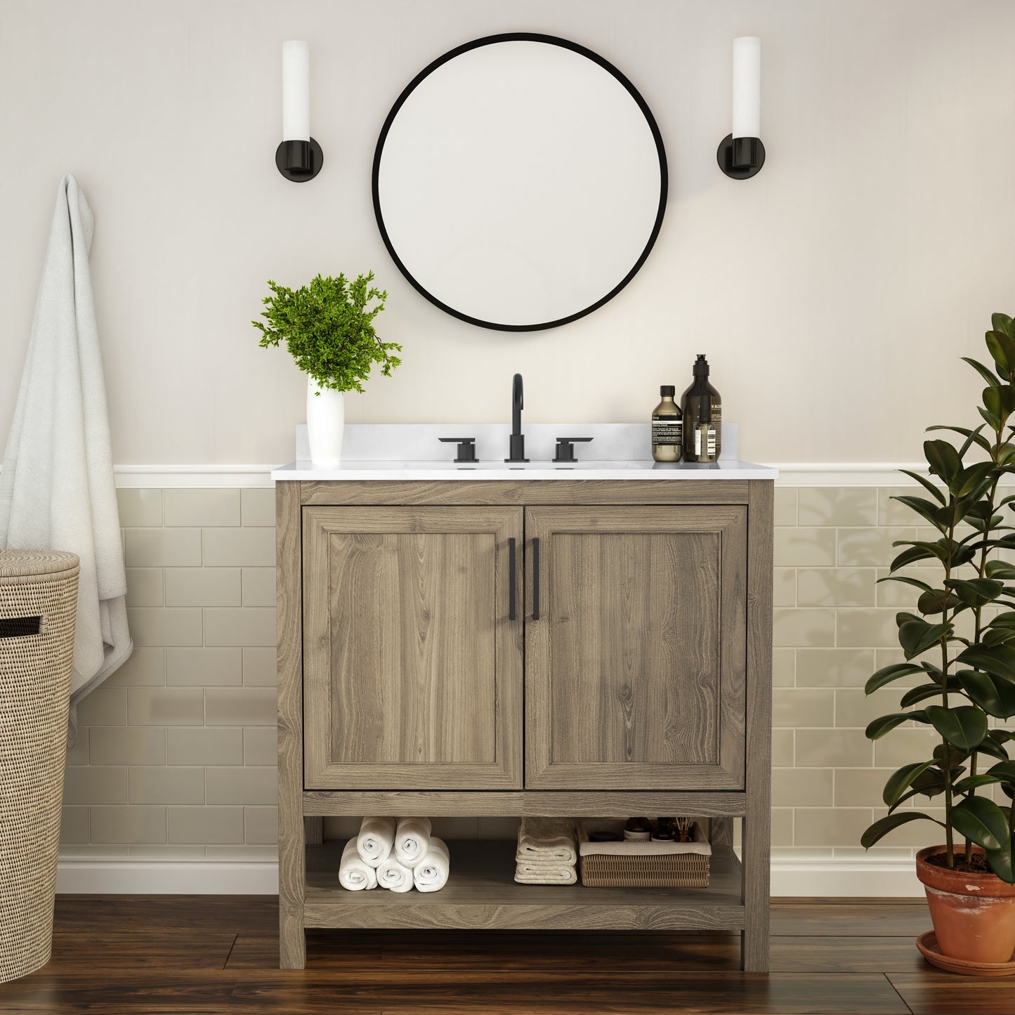 Vega 36 Inch Bathroom Vanity with Sink Combo, Storage Cabinet with Soft Close Doors and Open Shelf, Carrara Marble Finish Countertop, Brown/White Brown