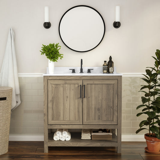 Vega 36 Inch Bathroom Vanity with Sink Combo, Storage Cabinet with Soft Close Doors and Open Shelf, Carrara Marble Finish Countertop, Brown/White Brown FS-VEGA36-BR-GG