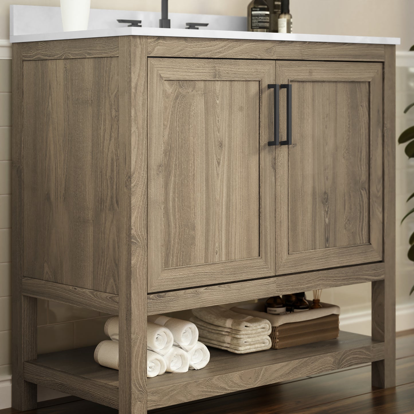 Vega 36 Inch Bathroom Vanity with Sink Combo, Storage Cabinet with Soft Close Doors and Open Shelf, Carrara Marble Finish Countertop, Brown/White Brown