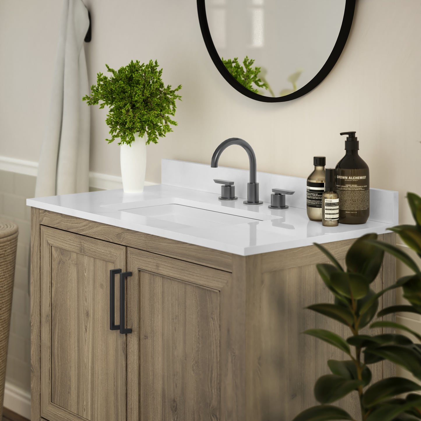 Vega 36 Inch Bathroom Vanity with Sink Combo, Storage Cabinet with Soft Close Doors and Open Shelf, Carrara Marble Finish Countertop, Brown/White Brown