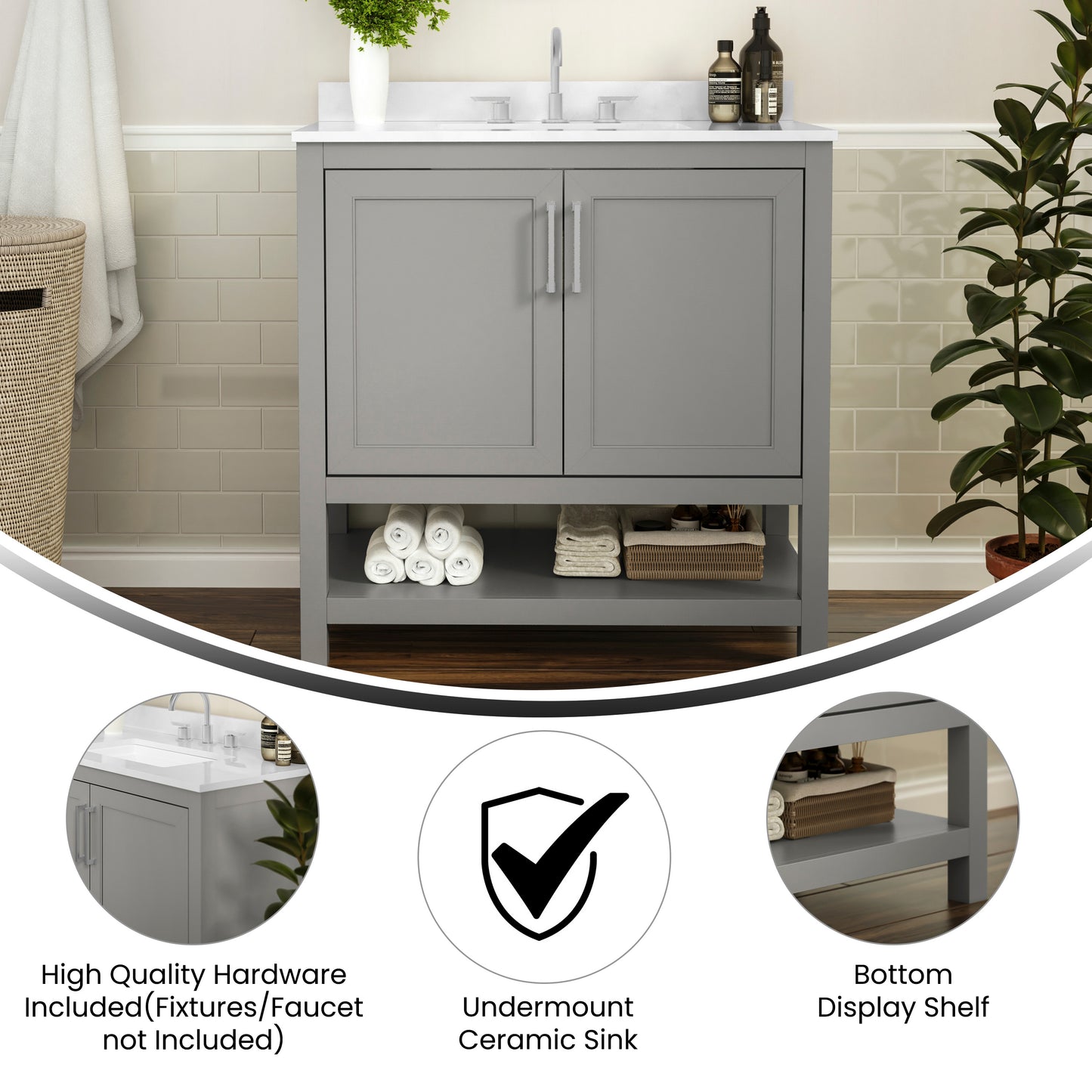 Vega 36 Inch Bathroom Vanity with Sink Combo, Storage Cabinet with Soft Close Doors and Open Shelf, Carrara Marble Finish Countertop, Gray/White Gray