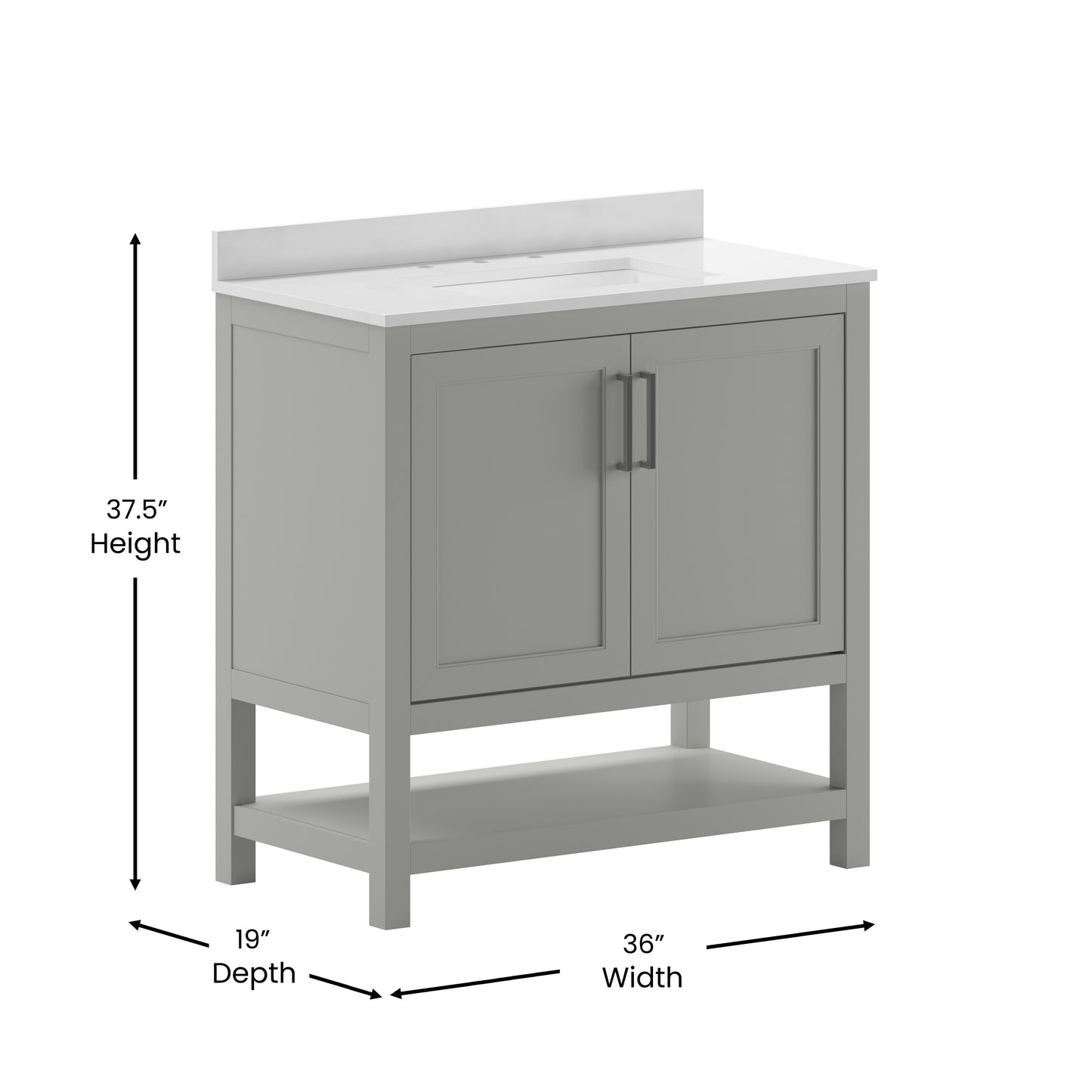 Vega 36 Inch Bathroom Vanity with Sink Combo, Storage Cabinet with Soft Close Doors and Open Shelf, Carrara Marble Finish Countertop, Gray/White Gray