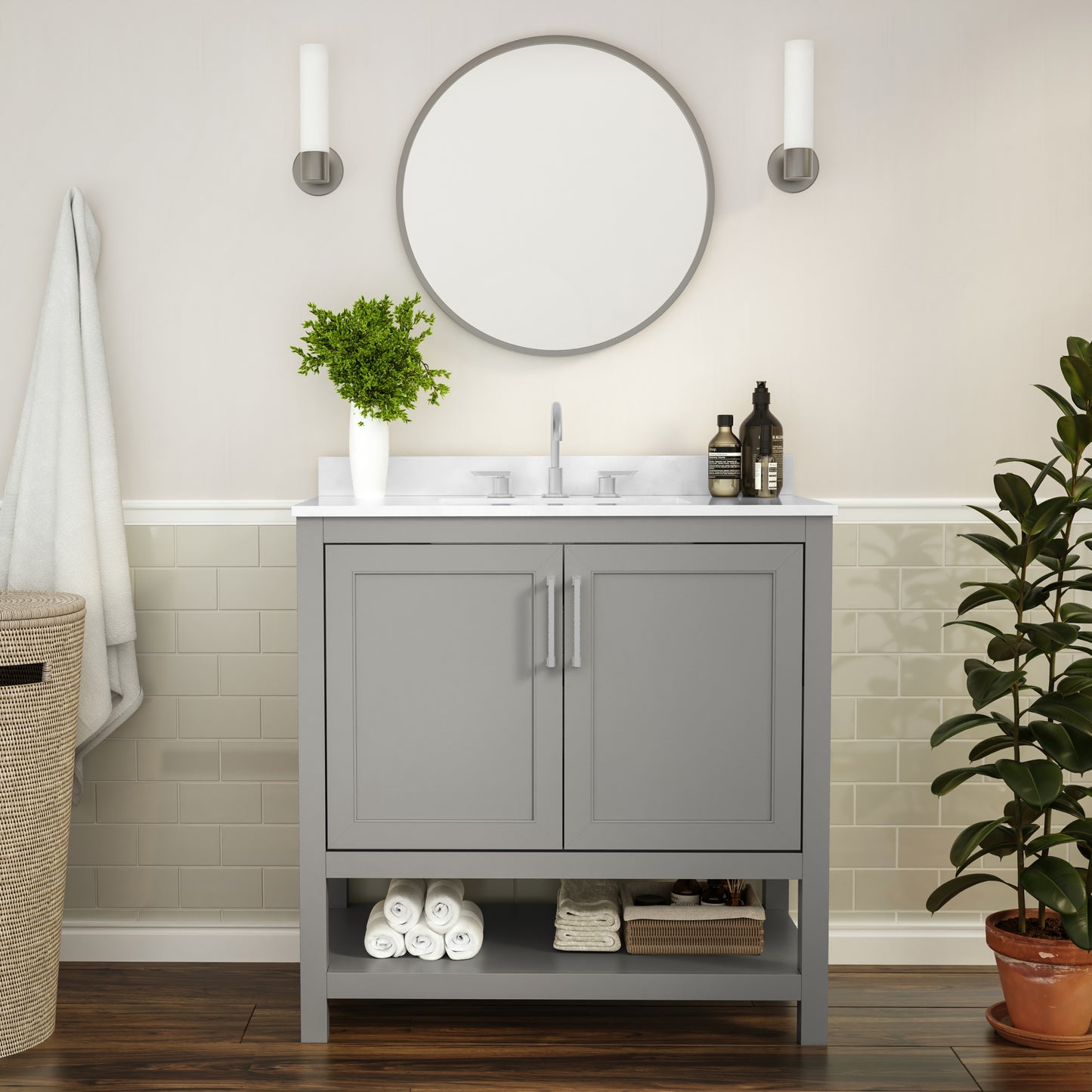Vega 36 Inch Bathroom Vanity with Sink Combo, Storage Cabinet with Soft Close Doors and Open Shelf, Carrara Marble Finish Countertop, Gray/White Gray