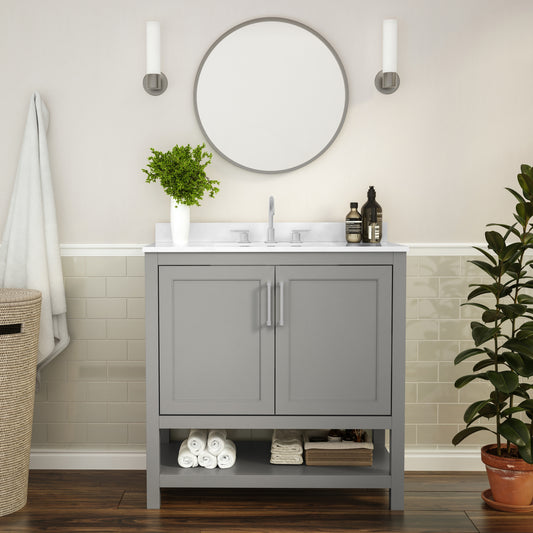 Vega 36 Inch Bathroom Vanity with Sink Combo, Storage Cabinet with Soft Close Doors and Open Shelf, Carrara Marble Finish Countertop, Gray/White Gray FS-VEGA36-GY-GG