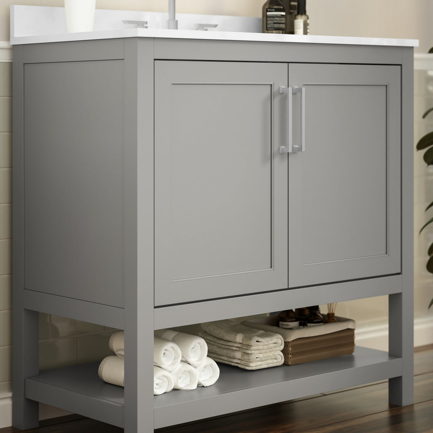 Vega 36 Inch Bathroom Vanity with Sink Combo, Storage Cabinet with Soft Close Doors and Open Shelf, Carrara Marble Finish Countertop, Gray/White Gray