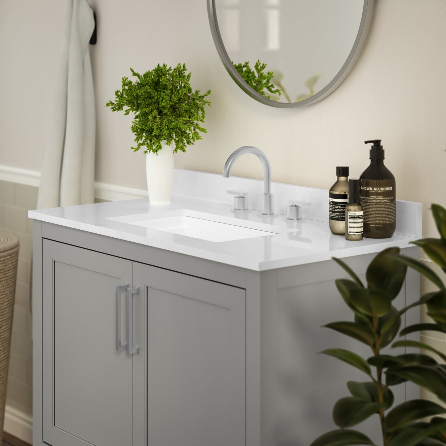 Vega 36 Inch Bathroom Vanity with Sink Combo, Storage Cabinet with Soft Close Doors and Open Shelf, Carrara Marble Finish Countertop, Gray/White Gray
