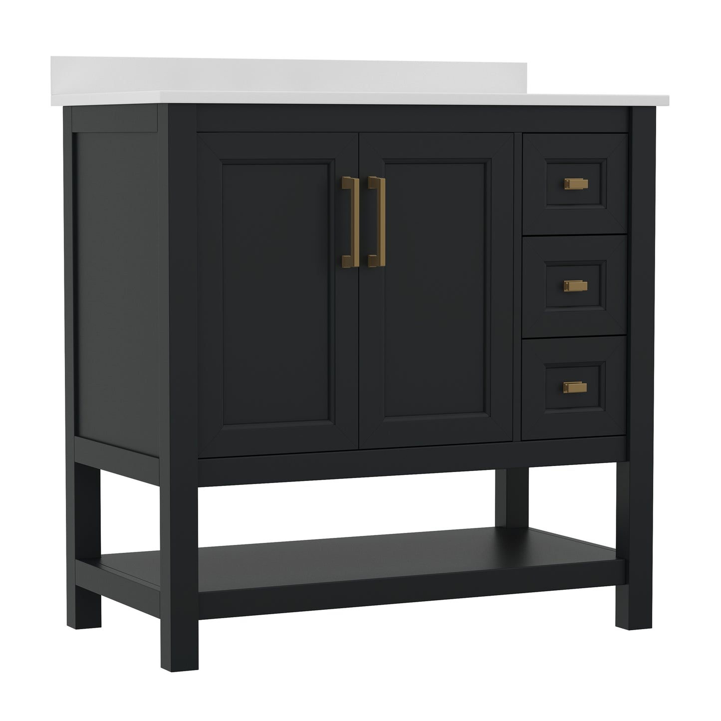 Vega 36 Inch Bathroom Vanity with Sink, Storage Cabinet with Soft Close Doors, Open Shelf and 3 Drawers, Carrara Marble Finish Countertop, Black/Gold Black Frame/Gold Hardware