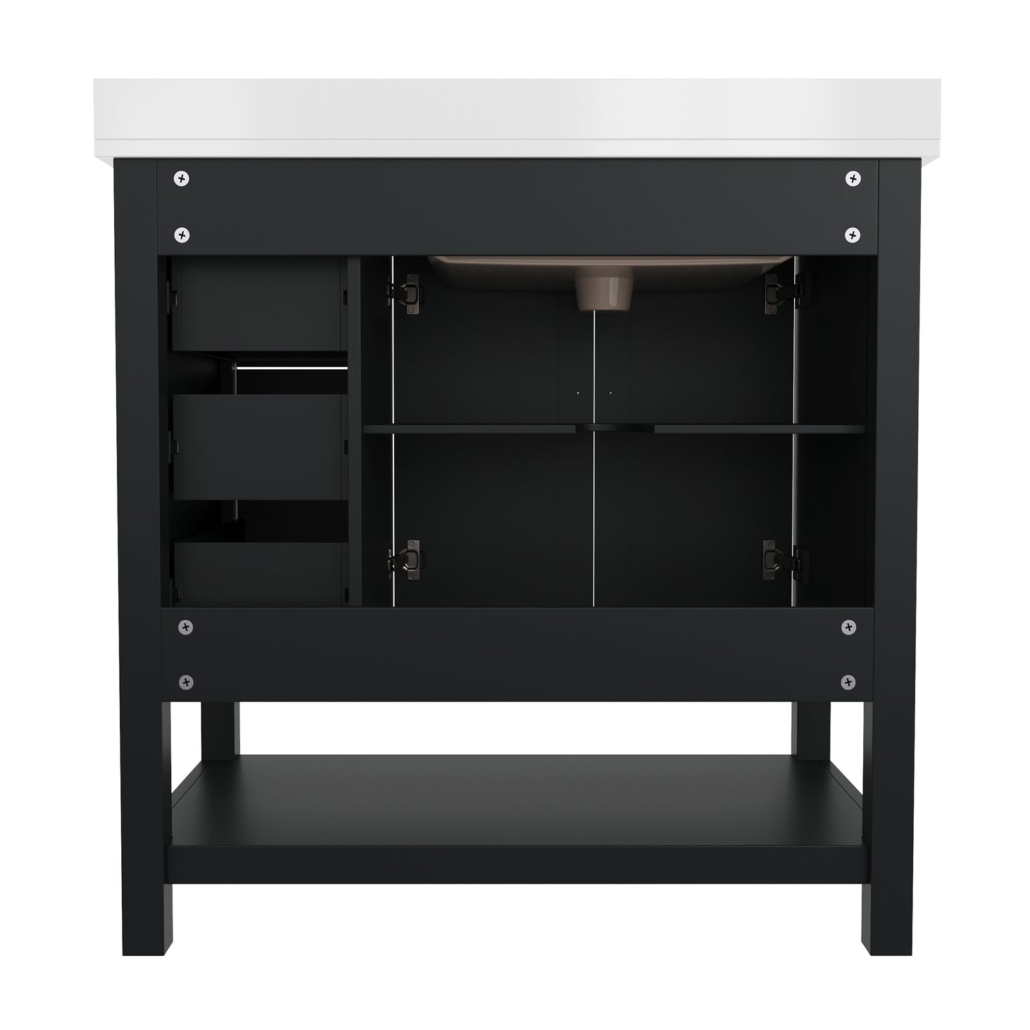 Vega 36 Inch Bathroom Vanity with Sink, Storage Cabinet with Soft Close Doors, Open Shelf and 3 Drawers, Carrara Marble Finish Countertop, Black/Gold Black Frame/Gold Hardware
