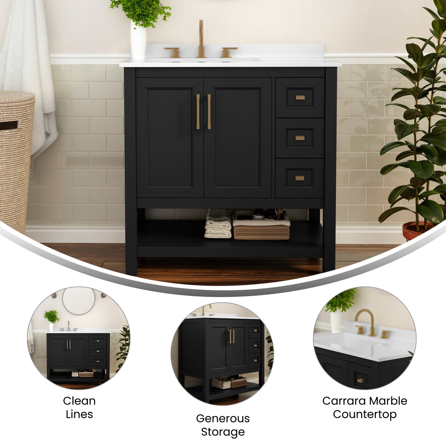 Vega 36 Inch Bathroom Vanity with Sink, Storage Cabinet with Soft Close Doors, Open Shelf and 3 Drawers, Carrara Marble Finish Countertop, Black/Gold Black Frame/Gold Hardware