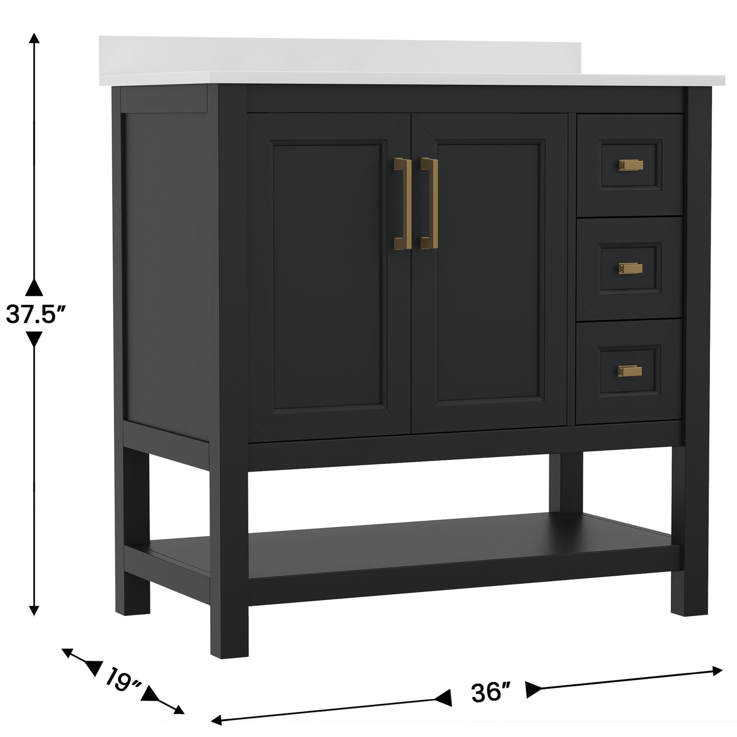 Vega 36 Inch Bathroom Vanity with Sink, Storage Cabinet with Soft Close Doors, Open Shelf and 3 Drawers, Carrara Marble Finish Countertop, Black/Gold Black Frame/Gold Hardware