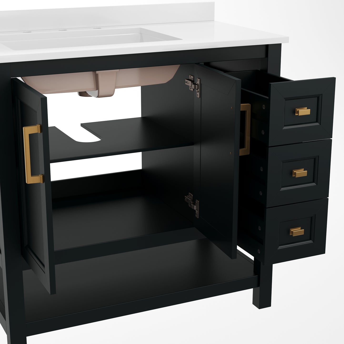 Vega 36 Inch Bathroom Vanity with Sink, Storage Cabinet with Soft Close Doors, Open Shelf and 3 Drawers, Carrara Marble Finish Countertop, Black/Gold Black Frame/Gold Hardware