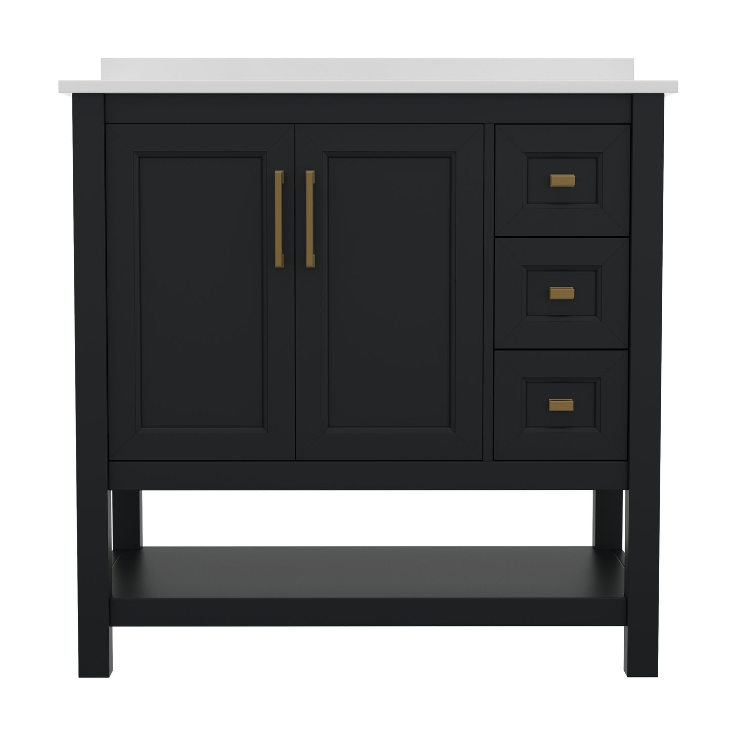 Vega 36 Inch Bathroom Vanity with Sink, Storage Cabinet with Soft Close Doors, Open Shelf and 3 Drawers, Carrara Marble Finish Countertop, Black/Gold Black Frame/Gold Hardware