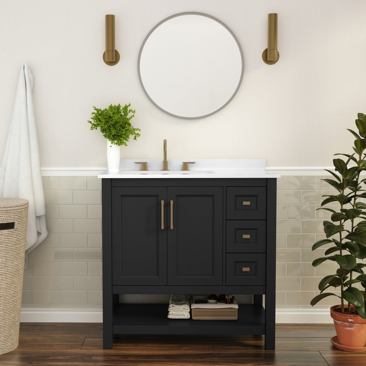 Vega 36 Inch Bathroom Vanity with Sink, Storage Cabinet with Soft Close Doors, Open Shelf and 3 Drawers, Carrara Marble Finish Countertop, Black/Gold Black Frame/Gold Hardware
