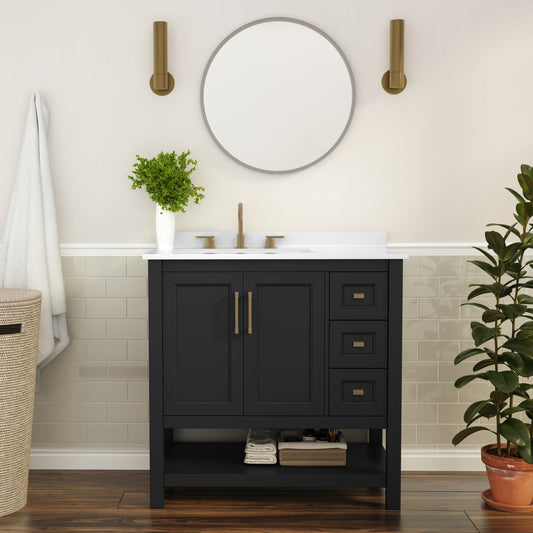Vega 36 Inch Bathroom Vanity with Sink, Storage Cabinet with Soft Close Doors, Open Shelf and 3 Drawers, Carrara Marble Finish Countertop, Black/Gold Black Frame/Gold Hardware FS-VEGA36-KD-BK-GLD-GG