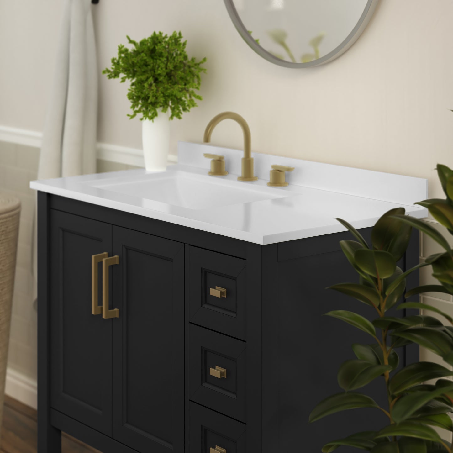Vega 36 Inch Bathroom Vanity with Sink, Storage Cabinet with Soft Close Doors, Open Shelf and 3 Drawers, Carrara Marble Finish Countertop, Black/Gold Black Frame/Gold Hardware