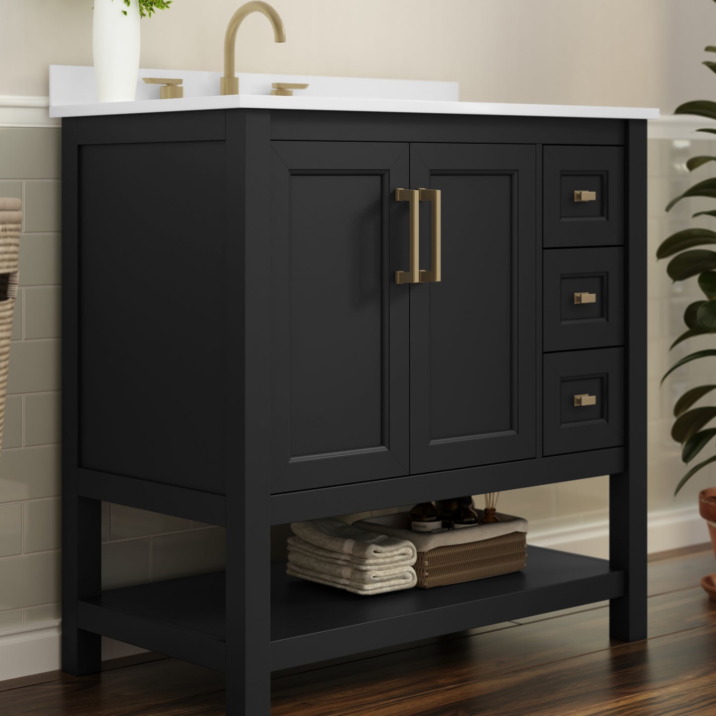 Vega 36 Inch Bathroom Vanity with Sink, Storage Cabinet with Soft Close Doors, Open Shelf and 3 Drawers, Carrara Marble Finish Countertop, Black/Gold Black Frame/Gold Hardware