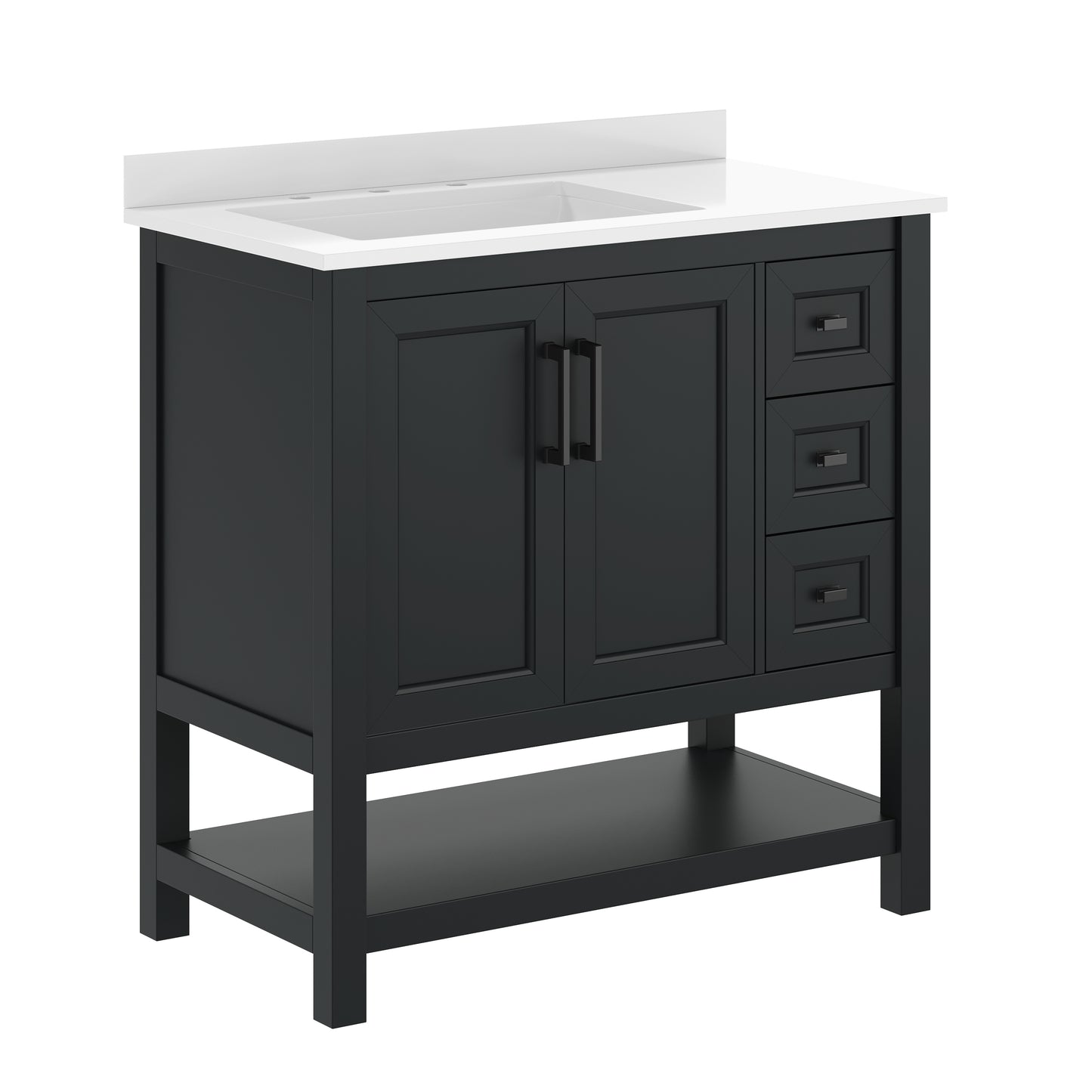 Vega 36" Bathroom Vanity with Sink, Cabinet with Black Hardware, Soft Close Doors, Open Shelf & 3 Drawers, Carrara Marble Finish Counter, Black/White Black Frame/Black Hardware