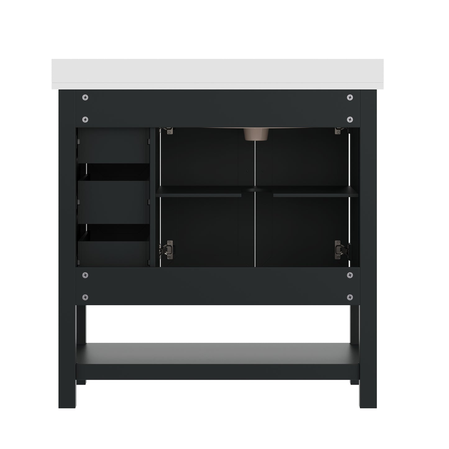 Vega 36" Bathroom Vanity with Sink, Cabinet with Black Hardware, Soft Close Doors, Open Shelf & 3 Drawers, Carrara Marble Finish Counter, Black/White Black Frame/Black Hardware