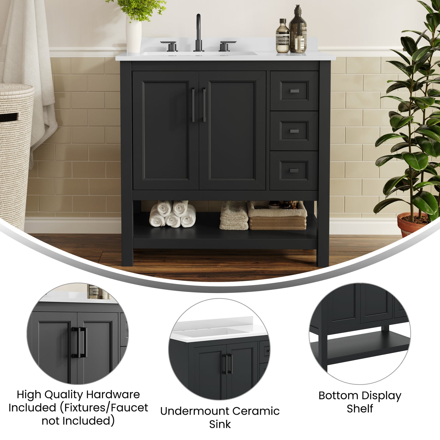 Vega 36" Bathroom Vanity with Sink, Cabinet with Black Hardware, Soft Close Doors, Open Shelf & 3 Drawers, Carrara Marble Finish Counter, Black/White Black Frame/Black Hardware