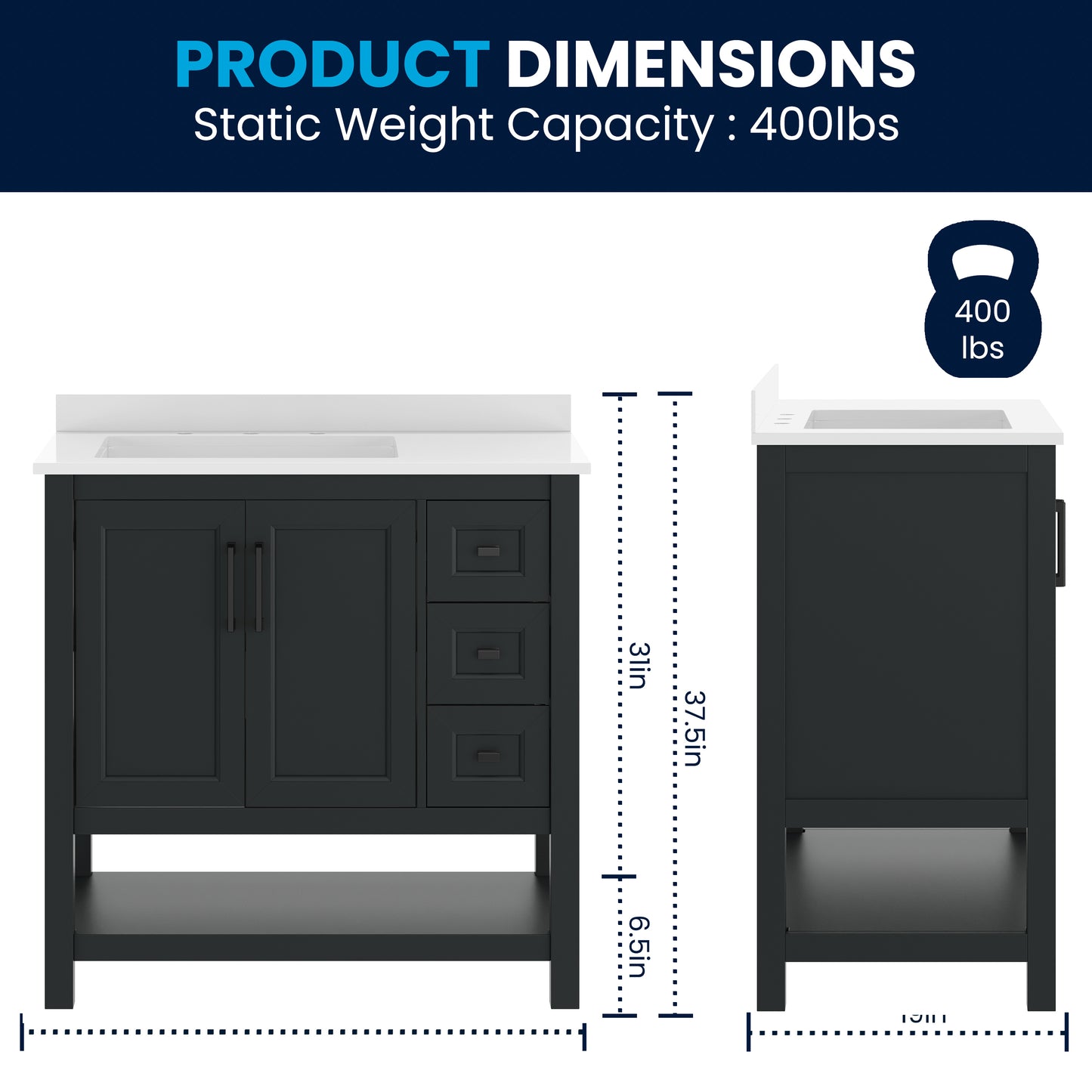 Vega 36" Bathroom Vanity with Sink, Cabinet with Black Hardware, Soft Close Doors, Open Shelf & 3 Drawers, Carrara Marble Finish Counter, Black/White Black Frame/Black Hardware