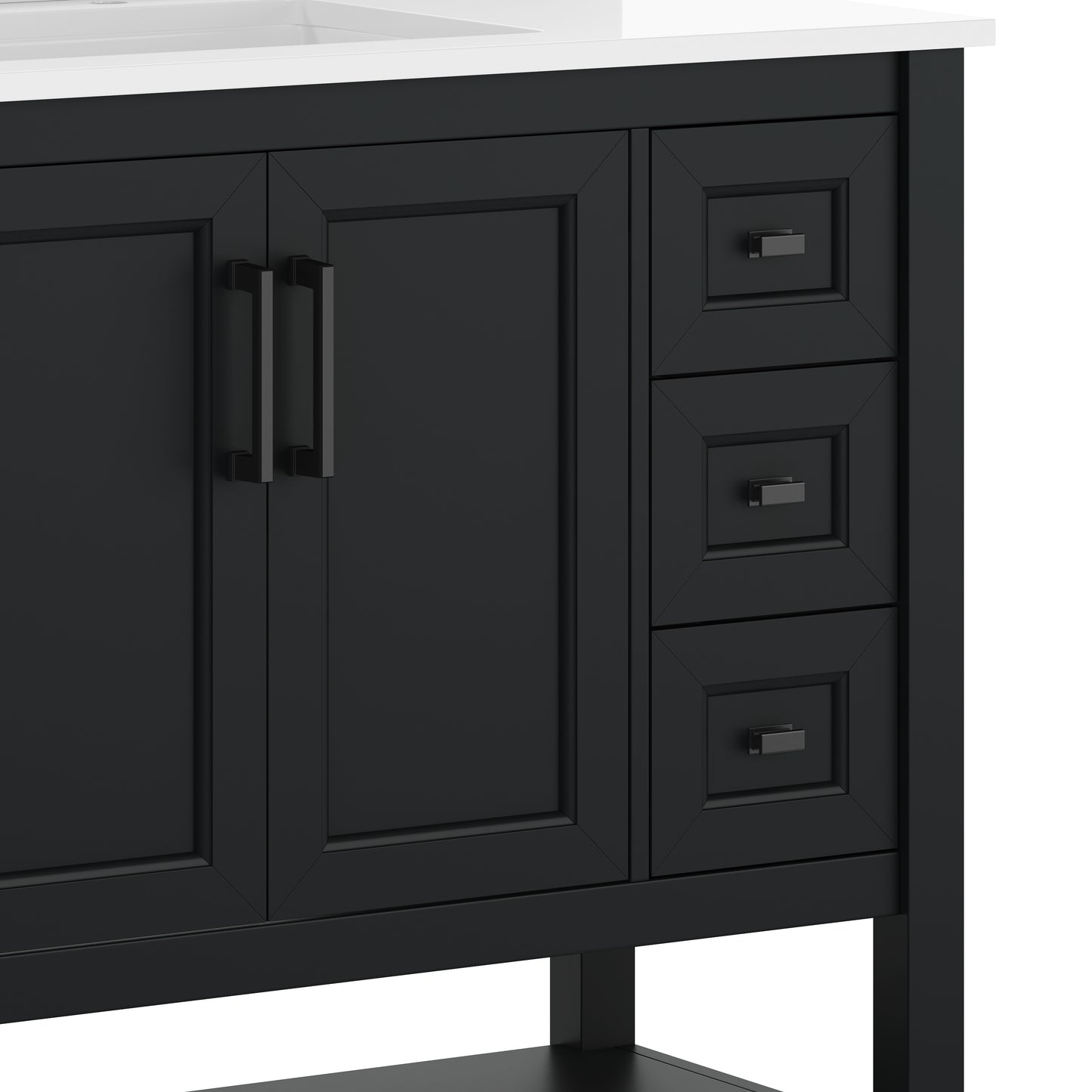 Vega 36" Bathroom Vanity with Sink, Cabinet with Black Hardware, Soft Close Doors, Open Shelf & 3 Drawers, Carrara Marble Finish Counter, Black/White Black Frame/Black Hardware