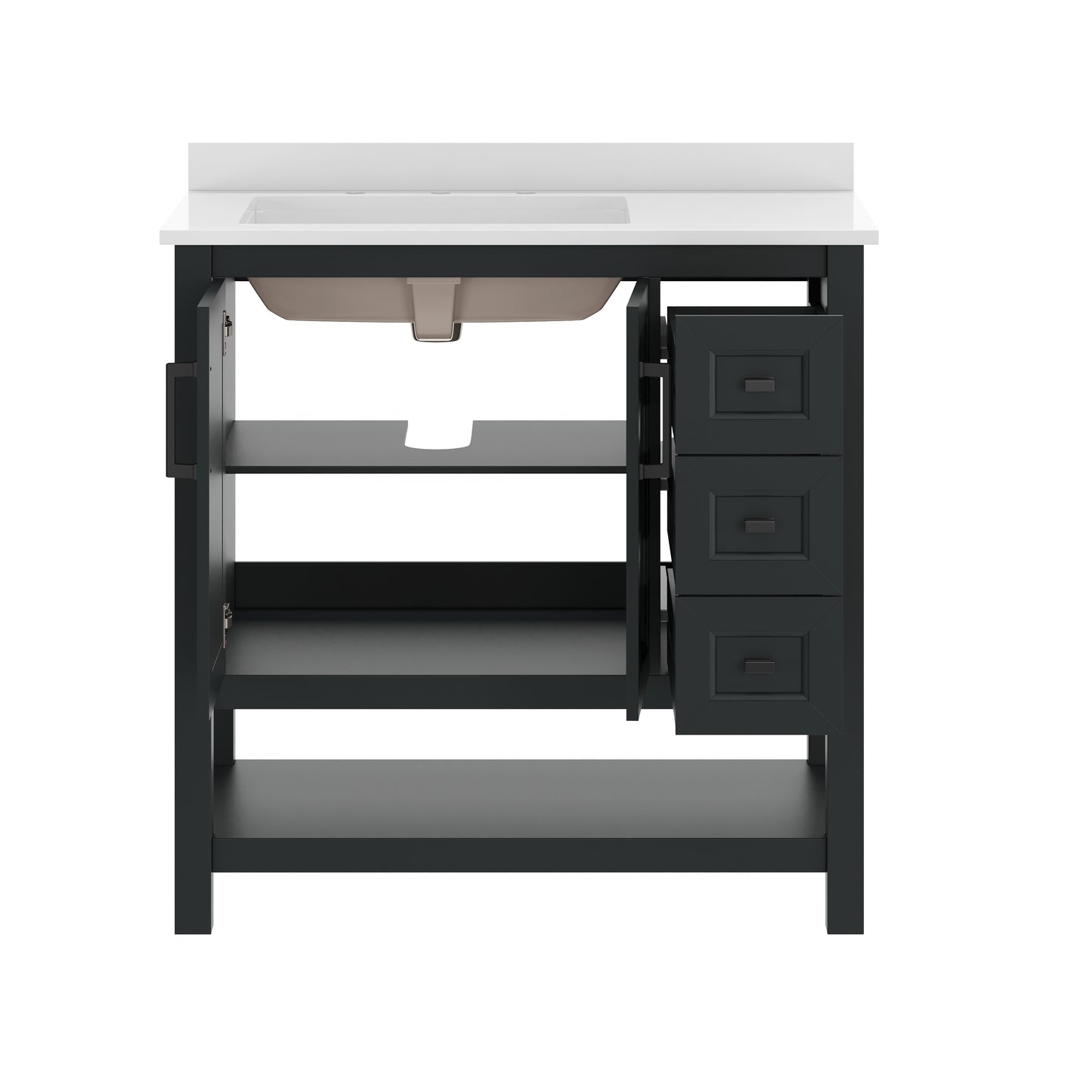 Vega 36" Bathroom Vanity with Sink, Cabinet with Black Hardware, Soft Close Doors, Open Shelf & 3 Drawers, Carrara Marble Finish Counter, Black/White Black Frame/Black Hardware
