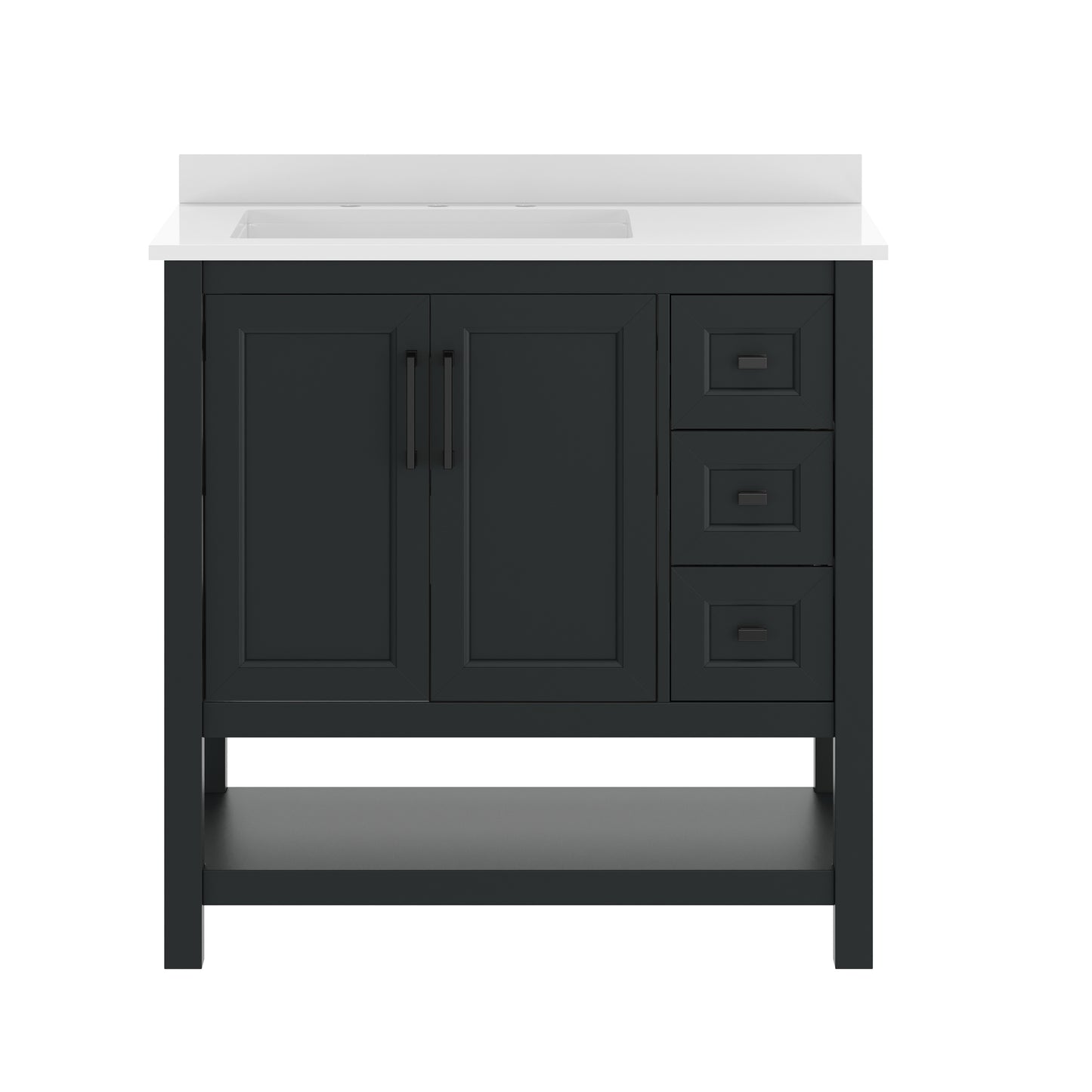 Vega 36" Bathroom Vanity with Sink, Cabinet with Black Hardware, Soft Close Doors, Open Shelf & 3 Drawers, Carrara Marble Finish Counter, Black/White Black Frame/Black Hardware