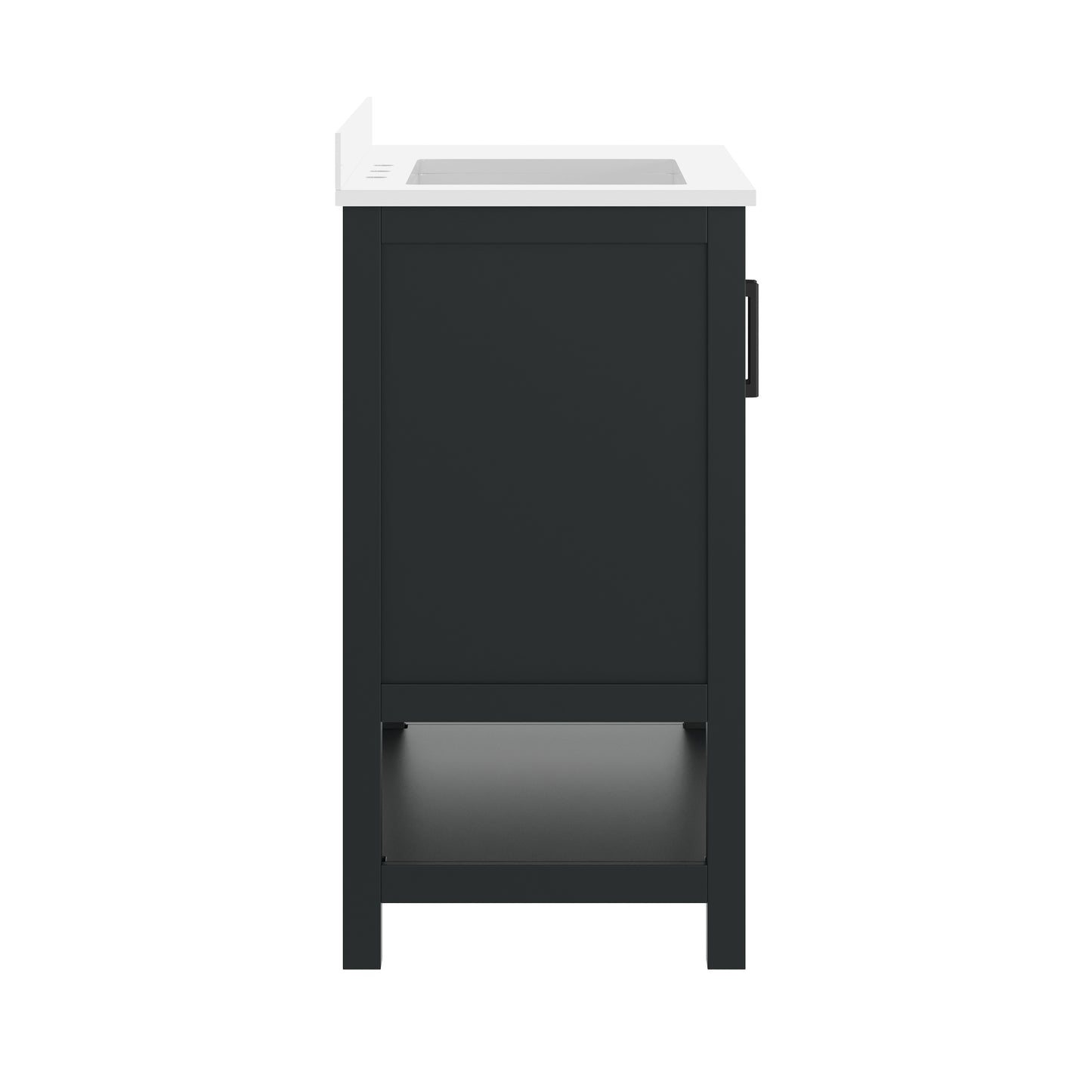 Vega 36" Bathroom Vanity with Sink, Cabinet with Black Hardware, Soft Close Doors, Open Shelf & 3 Drawers, Carrara Marble Finish Counter, Black/White Black Frame/Black Hardware