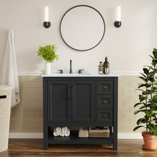 Vega 36" Bathroom Vanity with Sink, Cabinet with Black Hardware, Soft Close Doors, Open Shelf & 3 Drawers, Carrara Marble Finish Counter, Black/White Black Frame/Black Hardware FS-VEGA36-KD-BK-GLD-HDBLK-GG