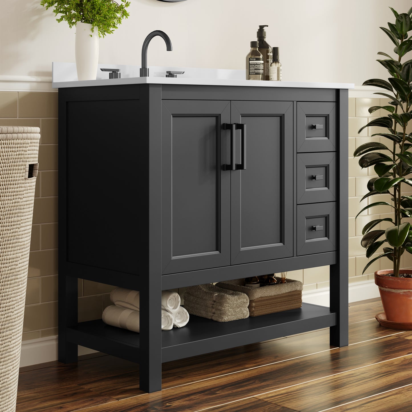 Vega 36" Bathroom Vanity with Sink, Cabinet with Black Hardware, Soft Close Doors, Open Shelf & 3 Drawers, Carrara Marble Finish Counter, Black/White Black Frame/Black Hardware