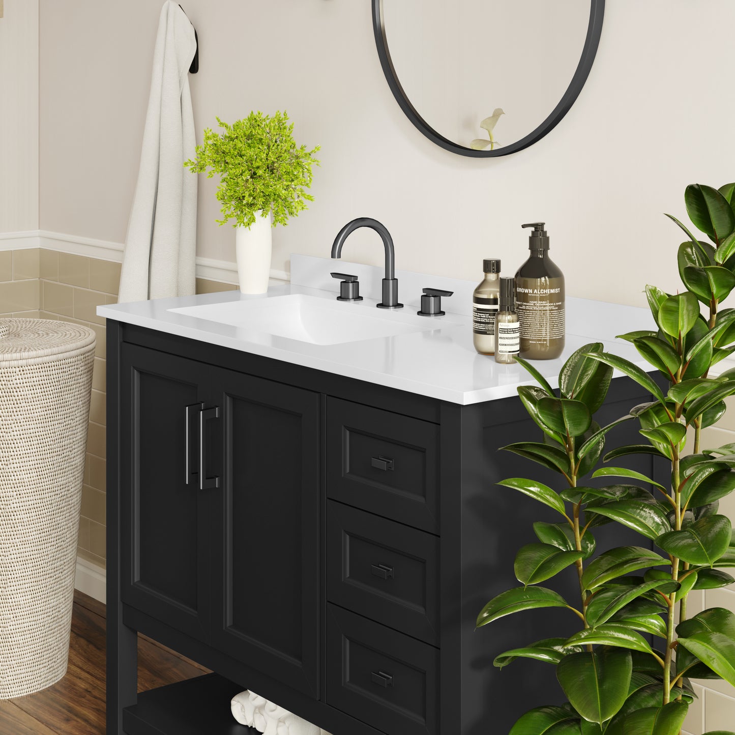 Vega 36" Bathroom Vanity with Sink, Cabinet with Black Hardware, Soft Close Doors, Open Shelf & 3 Drawers, Carrara Marble Finish Counter, Black/White Black Frame/Black Hardware