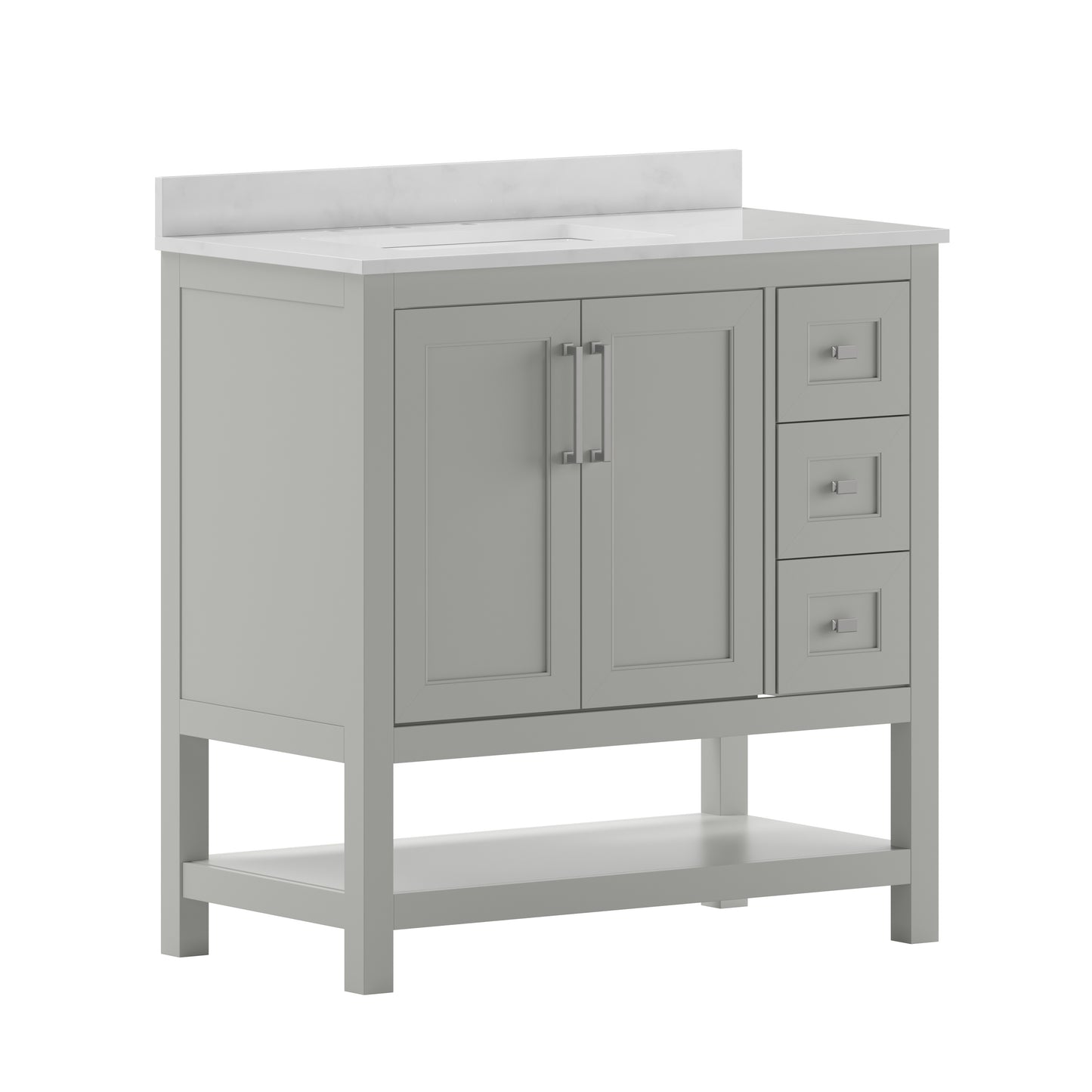 Vega 36 Inch Bathroom Vanity with Sink, Storage Cabinet with Soft Close Doors, Open Shelf and 3 Drawers, Carrara Marble Finish Countertop, Gray/White Gray