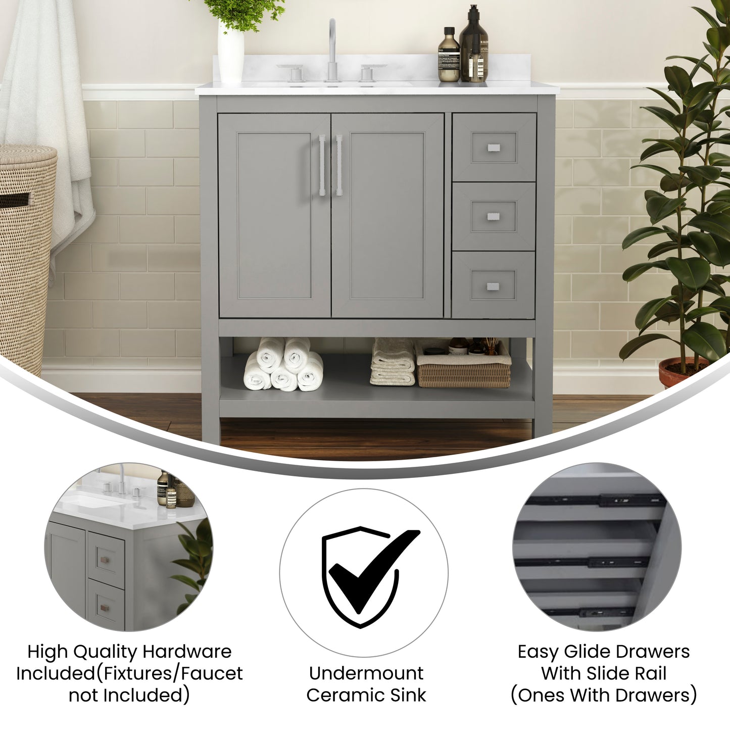 Vega 36 Inch Bathroom Vanity with Sink, Storage Cabinet with Soft Close Doors, Open Shelf and 3 Drawers, Carrara Marble Finish Countertop, Gray/White Gray
