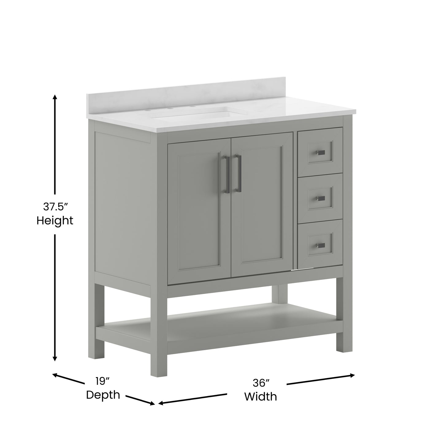 Vega 36 Inch Bathroom Vanity with Sink, Storage Cabinet with Soft Close Doors, Open Shelf and 3 Drawers, Carrara Marble Finish Countertop, Gray/White Gray