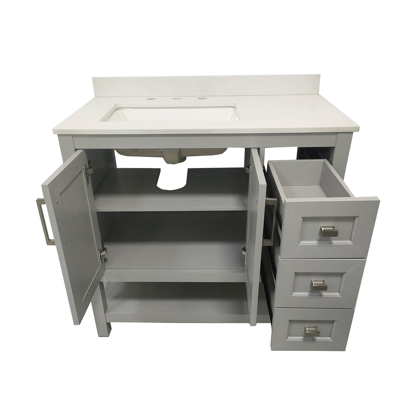 Vega 36 Inch Bathroom Vanity with Sink, Storage Cabinet with Soft Close Doors, Open Shelf and 3 Drawers, Carrara Marble Finish Countertop, Gray/White Gray