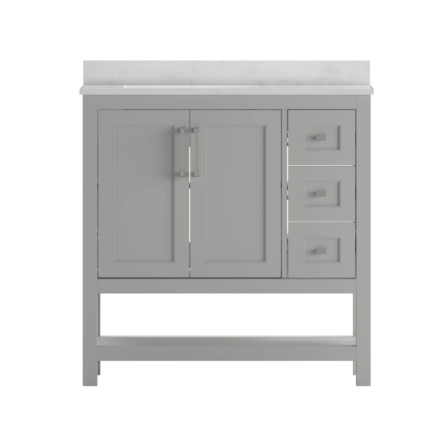 Vega 36 Inch Bathroom Vanity with Sink, Storage Cabinet with Soft Close Doors, Open Shelf and 3 Drawers, Carrara Marble Finish Countertop, Gray/White Gray