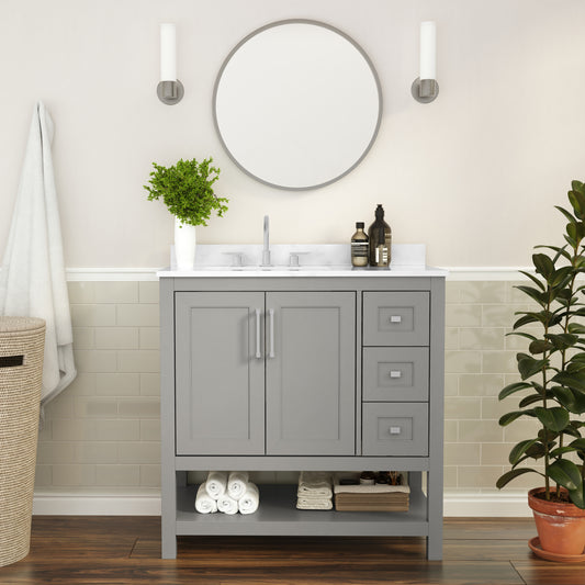 Vega 36 Inch Bathroom Vanity with Sink, Storage Cabinet with Soft Close Doors, Open Shelf and 3 Drawers, Carrara Marble Finish Countertop, Gray/White Gray FS-VEGA36-KD-GY-GG