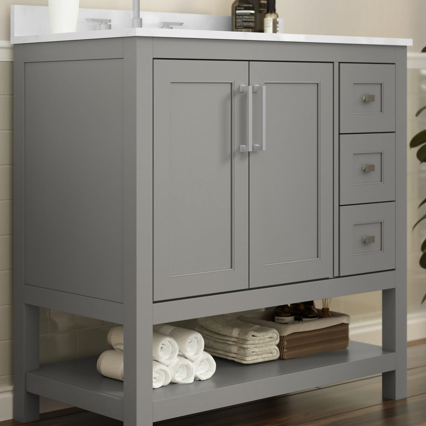Vega 36 Inch Bathroom Vanity with Sink, Storage Cabinet with Soft Close Doors, Open Shelf and 3 Drawers, Carrara Marble Finish Countertop, Gray/White Gray
