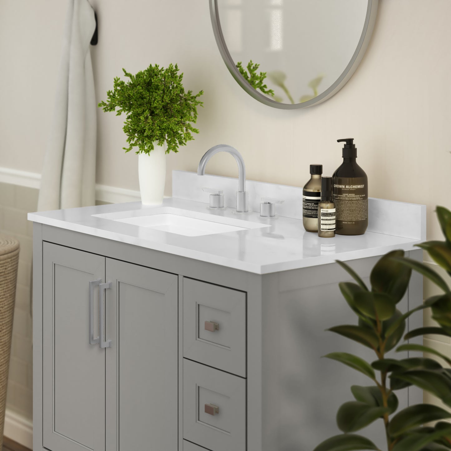 Vega 36 Inch Bathroom Vanity with Sink, Storage Cabinet with Soft Close Doors, Open Shelf and 3 Drawers, Carrara Marble Finish Countertop, Gray/White Gray