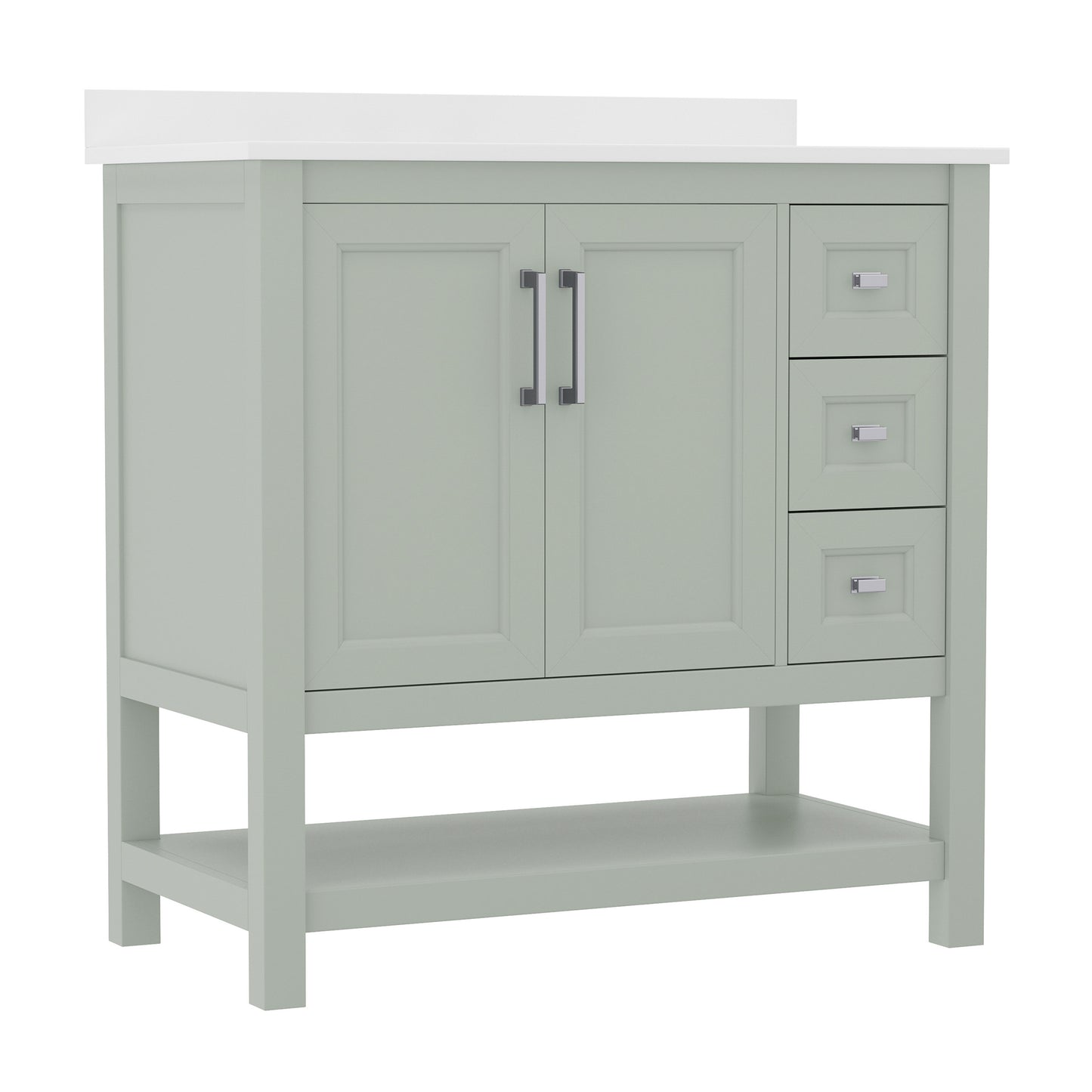 Vega 36 Inch Bathroom Vanity with Sink, Storage Cabinet with Soft Close Doors, Open Shelf and 3 Drawers, Carrara Marble Finish Countertop, Sage Sage Frame/Nickel Hardware