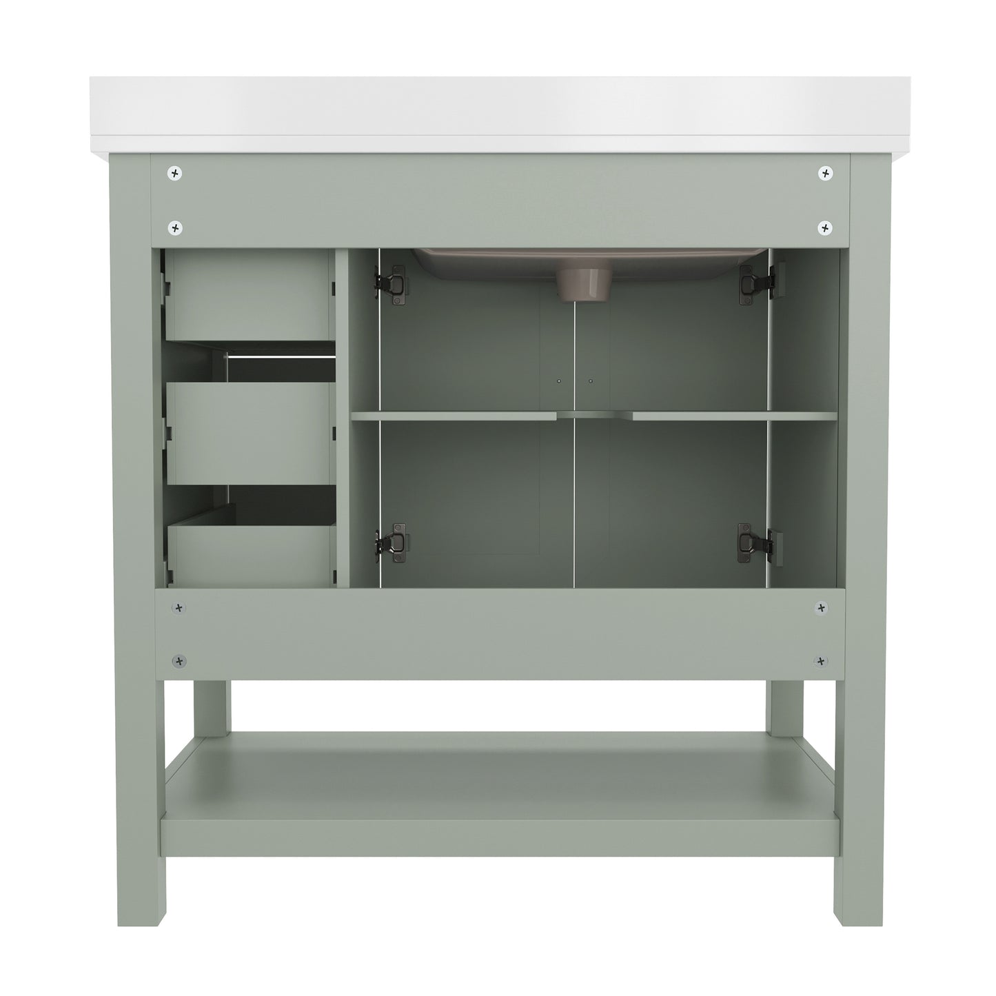 Vega 36 Inch Bathroom Vanity with Sink, Storage Cabinet with Soft Close Doors, Open Shelf and 3 Drawers, Carrara Marble Finish Countertop, Sage Sage Frame/Nickel Hardware