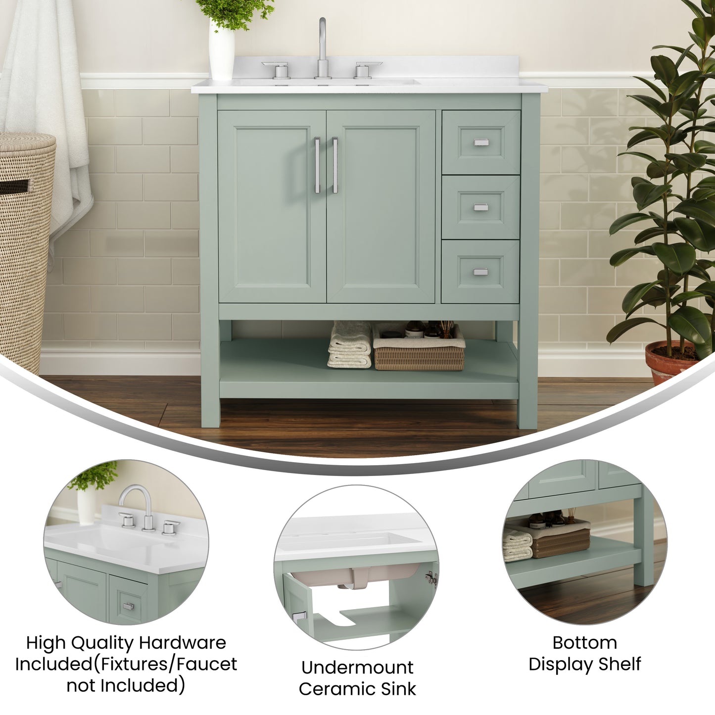 Vega 36 Inch Bathroom Vanity with Sink, Storage Cabinet with Soft Close Doors, Open Shelf and 3 Drawers, Carrara Marble Finish Countertop, Sage Sage Frame/Nickel Hardware