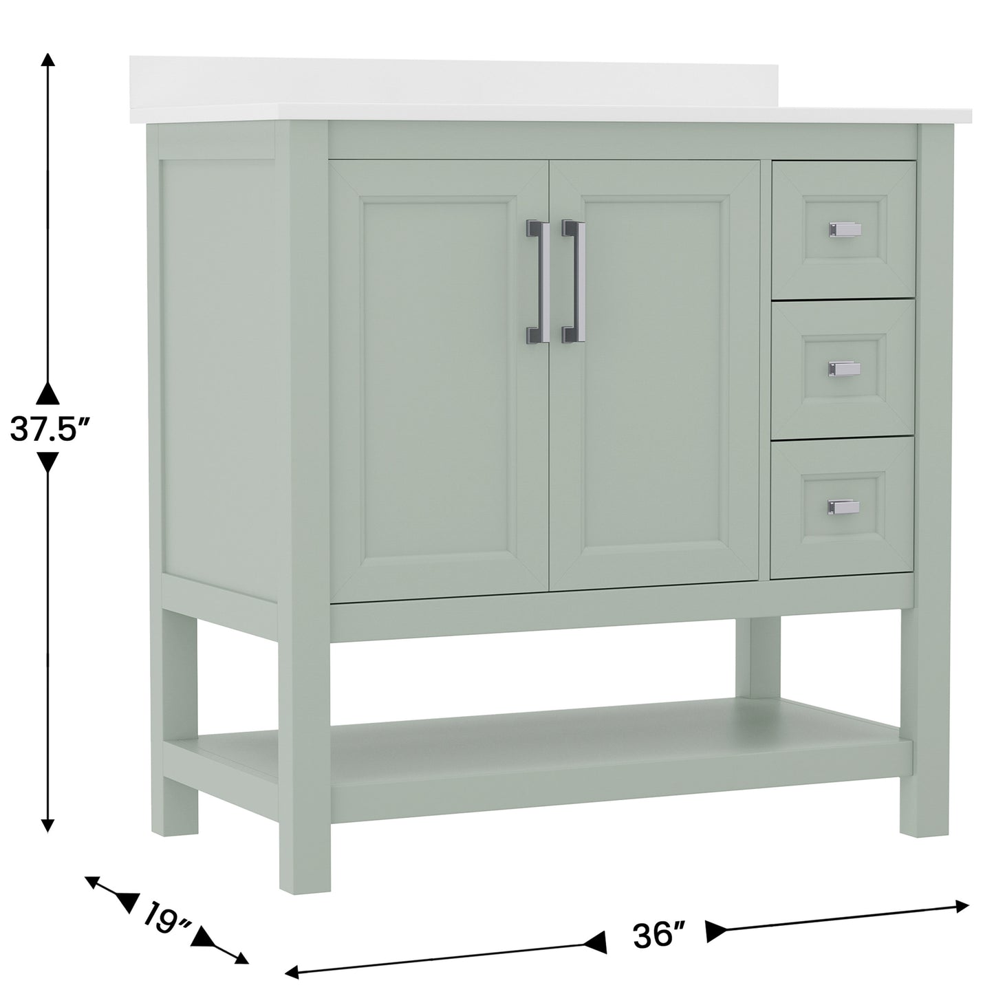 Vega 36 Inch Bathroom Vanity with Sink, Storage Cabinet with Soft Close Doors, Open Shelf and 3 Drawers, Carrara Marble Finish Countertop, Sage Sage Frame/Nickel Hardware
