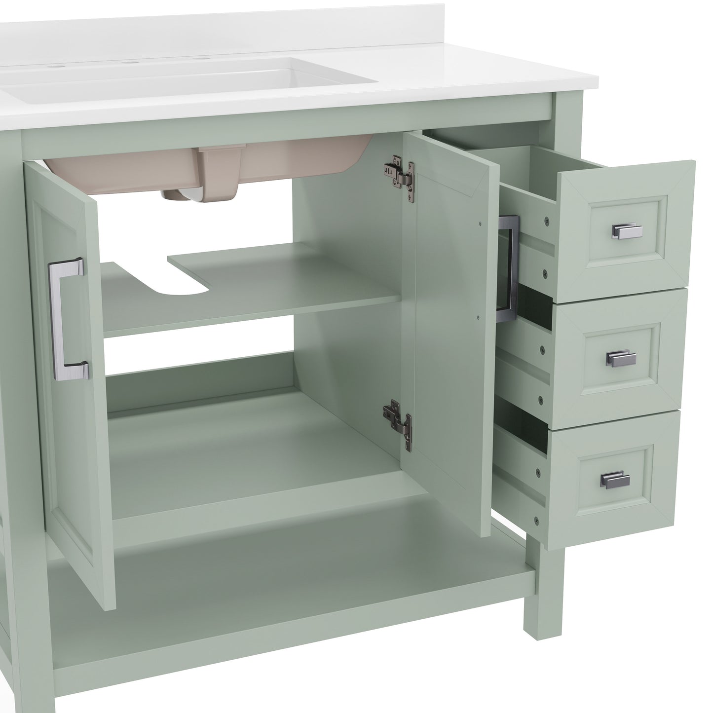 Vega 36 Inch Bathroom Vanity with Sink, Storage Cabinet with Soft Close Doors, Open Shelf and 3 Drawers, Carrara Marble Finish Countertop, Sage Sage Frame/Nickel Hardware