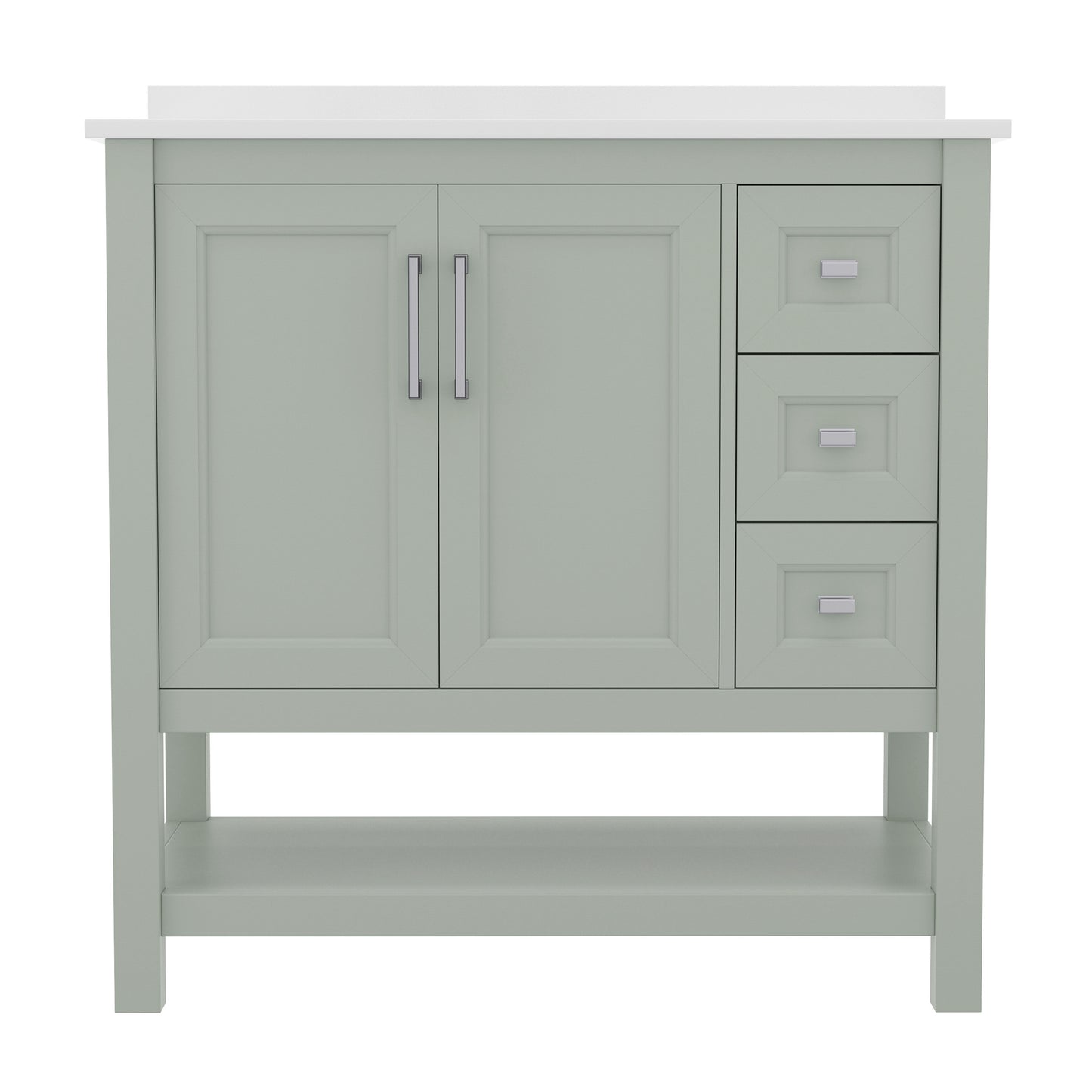 Vega 36 Inch Bathroom Vanity with Sink, Storage Cabinet with Soft Close Doors, Open Shelf and 3 Drawers, Carrara Marble Finish Countertop, Sage Sage Frame/Nickel Hardware