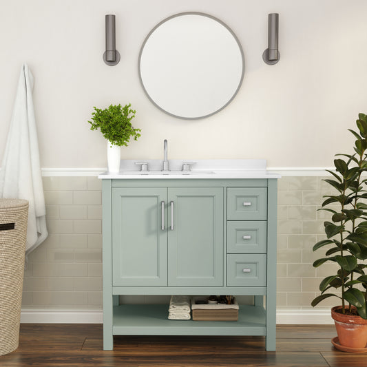 Vega 36 Inch Bathroom Vanity with Sink, Storage Cabinet with Soft Close Doors, Open Shelf and 3 Drawers, Carrara Marble Finish Countertop, Sage Sage Frame/Nickel Hardware FS-VEGA36-KD-SG-GG