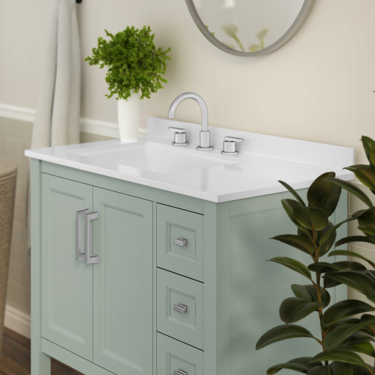 Vega 36 Inch Bathroom Vanity with Sink, Storage Cabinet with Soft Close Doors, Open Shelf and 3 Drawers, Carrara Marble Finish Countertop, Sage Sage Frame/Nickel Hardware