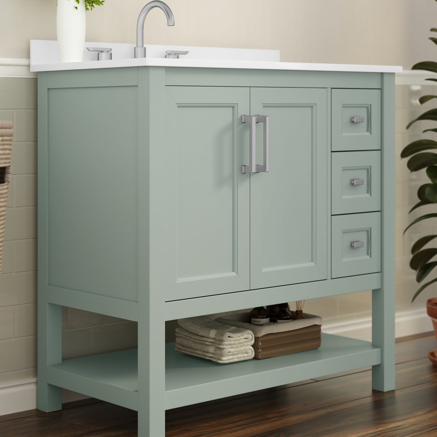 Vega 36 Inch Bathroom Vanity with Sink, Storage Cabinet with Soft Close Doors, Open Shelf and 3 Drawers, Carrara Marble Finish Countertop, Sage Sage Frame/Nickel Hardware